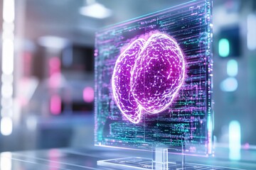 A futuristic digital display showcasing a glowing brain model, representing innovation in technology and neuro-research.