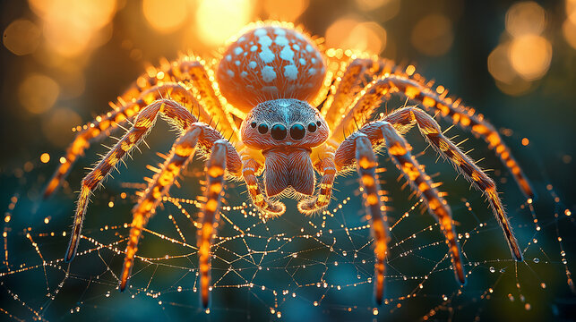 Webspinner, from below, upward view, Hyper-realistic, early morning light 