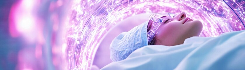 Naklejka premium A serene medical spa scene showcasing relaxation therapy with calming light effects, promoting wellness and rejuvenation.