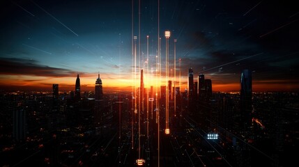 Futuristic 5G Network Visualization Over Urban Landscape at Dusk with Real-Time Data Flow and Digital Symbols