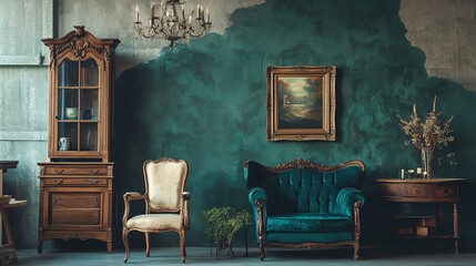 Vintage living room with antique furniture, elegant decor, and a classic chandelier, creating a sophisticated and timeless ambiance.
