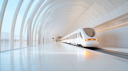 A modern railway station with transparent trains and glowing platform displays promoting efficient rail transport