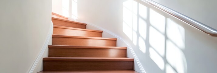 Elegant wooden staircase illuminated by natural sunlight, creating a welcoming and serene atmosphere in a modern residential interior space.