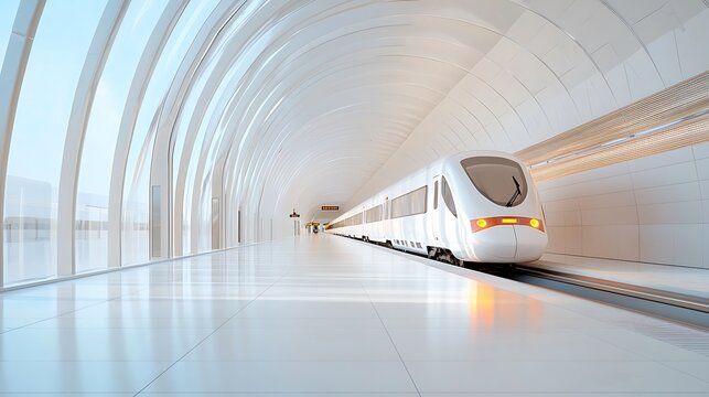 A modern railway station with transparent trains and glowing platform displays promoting efficient rail transport