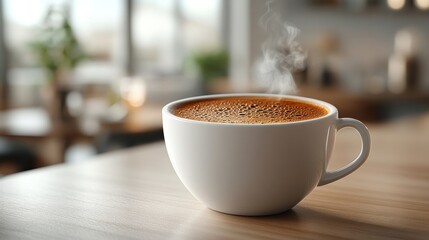 A steaming cup of coffee on a wooden table in a cozy setting.