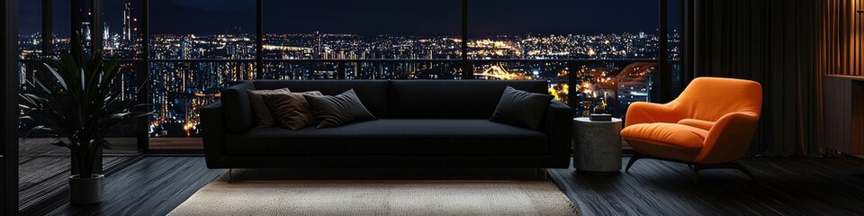 Elegant living area with a jet black sofa, orange armchair, large window, and city lights view.