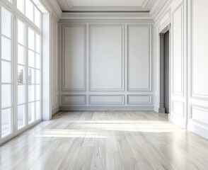 Fototapeta premium Elegant Room with Ivory Walls and Birch Flooring, Minimalist, 3D