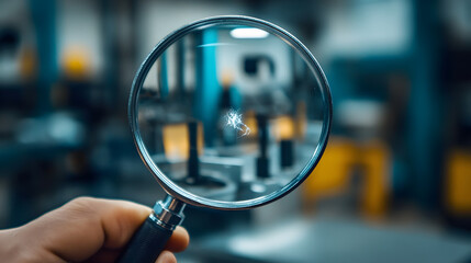 A person holds magnifying glass, focusing on small detail in workshop environment, showcasing precision and attention to detail. blurred background emphasizes importance of object being examined
