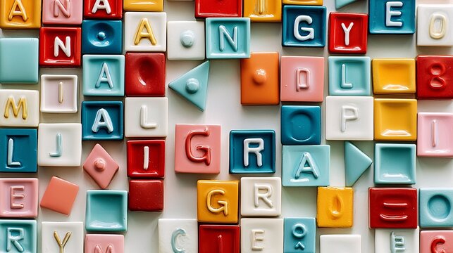 A vibrant assortment of letter tiles creatively arranged to form an anagram highlights playful wordsmithing.