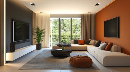 Modern living room interior with stylish furniture, large windows, and natural light. A cozy ambiance featuring sleek design elements.