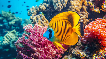 Naklejka premium Colorful fish swimming among coral reefs.