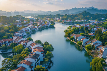 Fototapeta premium The river flows through the village