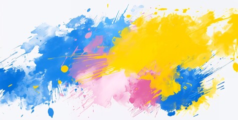 Obraz premium Vibrant abstract art with splashes of blue, pink, and yellow paint on a white background.