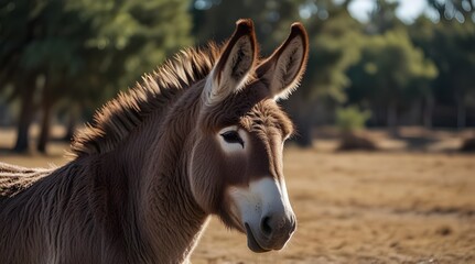 Cute baby donkey and mother on floral meadow. generative.ai