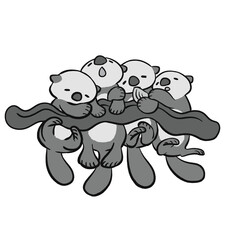 ワカメのお布団で眠っている4匹のラッコ モノクロ