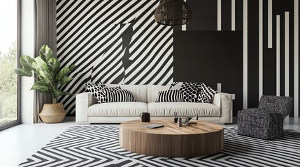Modern living room featuring bold black and white striped walls, a white sofa, and stylish decor with geometric patterns and natural elements.