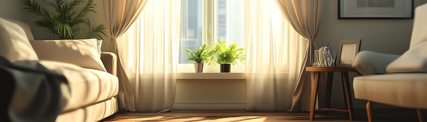 Cozy living room with natural light streaming through windows, delicate curtains, and houseplants on a sunny day.