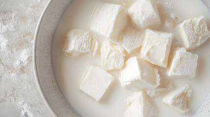 Freeze-dried ice cream chunks floating in a bowl of milk, slowly softening but keeping