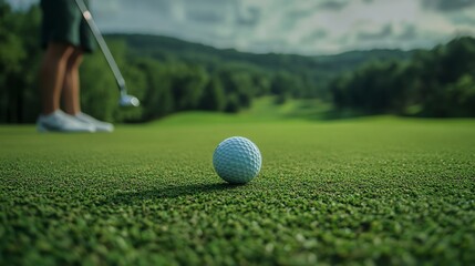 A golf ball sits on the edge of a cup on a green golf course.