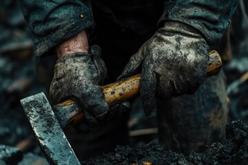 Close-up of muddy hands holding a hammer.