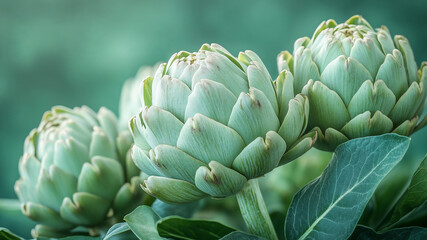 Obraz premium Fresh green artichoke buds: Organic Mediterranean vegetable closeup with textured leaves