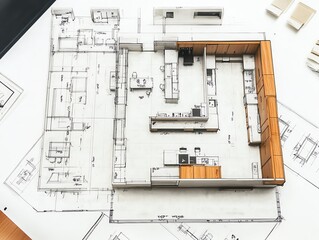 3D architectural model of a modern kitchen layout on top of various construction blueprints and technical drawings.