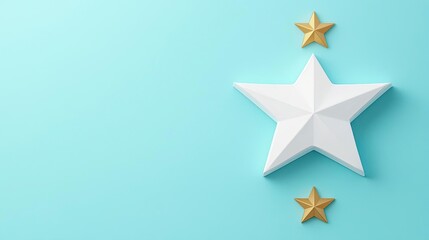 Fototapeta premium A modern decorative arrangement featuring a large white star and gold stars on a soft blue background, ideal for design projects.