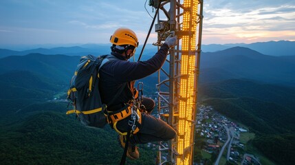 Brave Worker Climbing Telecommunication Tower in Mountainous Landscape