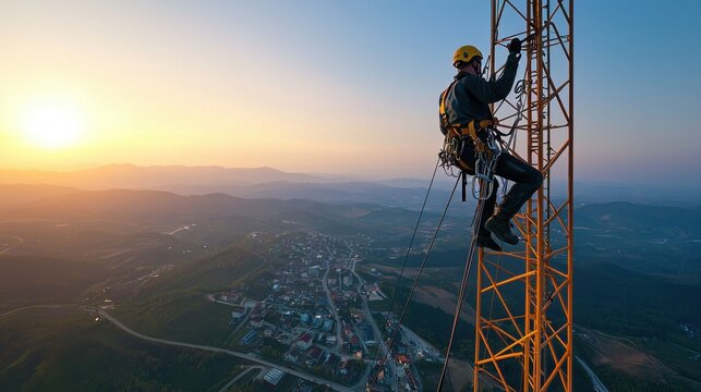 Brave Worker Scaling Telecommunication Tower in Picturesque Mountain Landscape