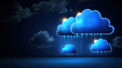 A vibrant digital illustration of blue clouds with rain, set against a dark background, evoking moods of storm and calm.