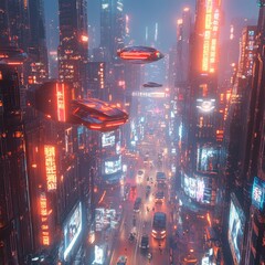Futuristic Cityscape with Flying Cars and Neon Lights