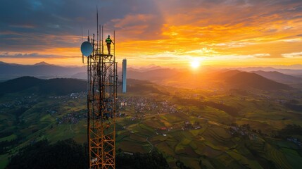 Brave Maintenance Worker Repairing Telecommunication Tower Over Stunning Mountain Village Landscape
