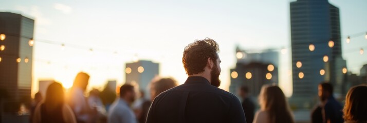 A man, seen from behind, stands at a rooftop party during sunset. The image captures social interaction, cityscape views, and a festive atmosphere with string lights.