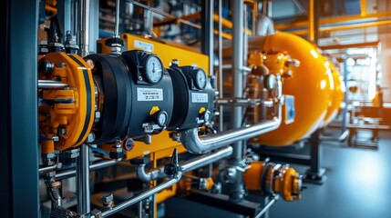 Modern Industrial Gas Boiler Room with Multiple Heating Boilers, Pipes, and Valves