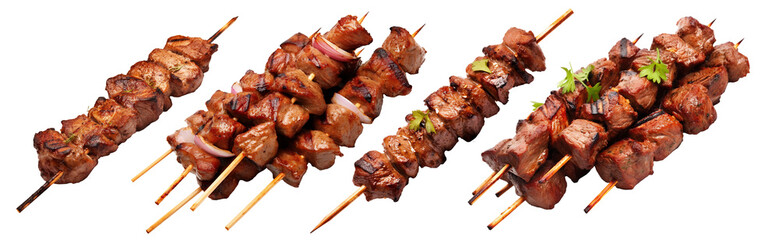 Set of delicious grilled kebabs on skewers, cut out