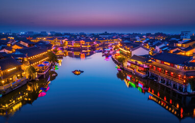 Fototapeta premium In the evening, the ancient town buildings by the lake