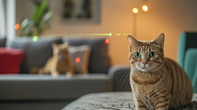 Cats chasing laser pointers in a modern living room.