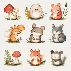Fototapeta premium Cute Watercolor Forest Animals Clipart Set