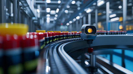 Automated production line with camera monitoring bottles on conveyor belt, showcasing modern manufacturing technology and efficiency in factory setting
