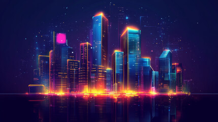 Vision of a smart digital city showcasing high-rise towers in a futuristic urban setting. Includes abstract digital buildings and virtual reality elements, depicted in a modern technology.
