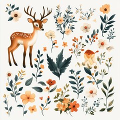 Watercolor Deer and Floral Illustration   Nature Clipart