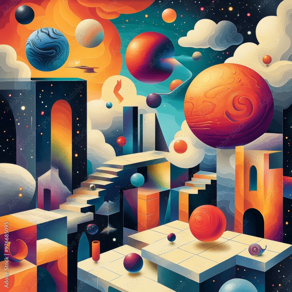 Poster abstract geometric space exploration with planets stars and architecture