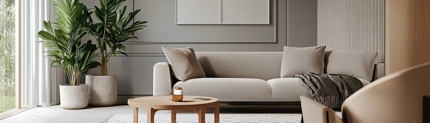 Obraz premium Modern living room with beige sofa, indoor plants, and wooden coffee table. Natural light creates a warm, inviting atmosphere.