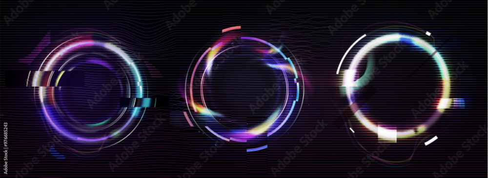 Poster circle frame with glitch and neon glow effect. digital round geometric light border with vintage vhs