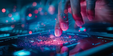A combination of abstract fingerprint hologram and finger taps on a tablet to represent safeguarding personal data.