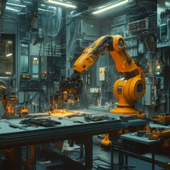Fototapeta premium Futuristic Robotic Arm in Factory Setting