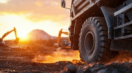 Fototapeta premium Heavy-Duty Truck on Busy Construction Site at Sunset with Monte and Vibrant Sky in Background
