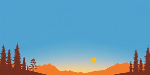 Fototapeta premium A minimalist illustration of a sunrise over mountains with pine trees in the foreground, featuring a clear blue sky and a tranquil, scenic view evoking peace and simplicity.