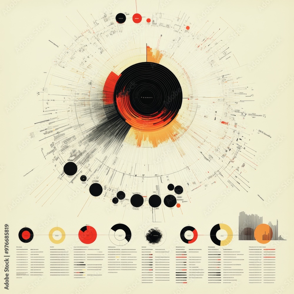 Poster abstract circular data visualization with black red and yellow lines and circles