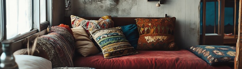 Cozy and eclectic interior with colorful patterned pillows on a rustic wooden couch near a large window. Warm and inviting home decor.